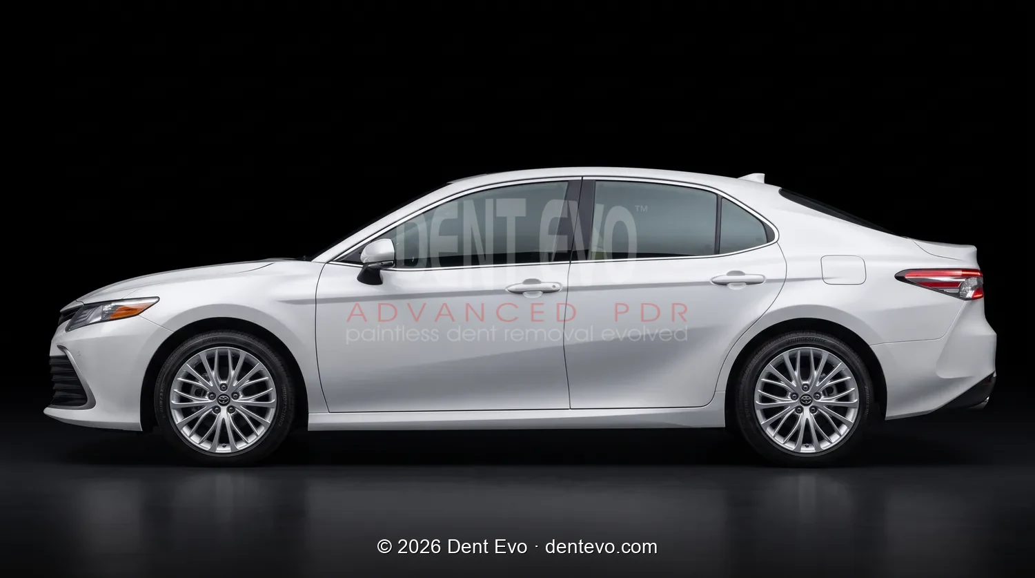 Toyota Camry side profile, the painted finish you see before paintless dent repair
