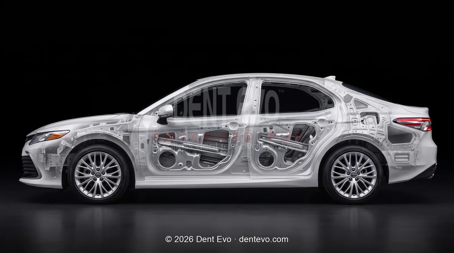 Toyota Camry with the panels made transparent, showing the internal bracing that decides paintless dent repair access